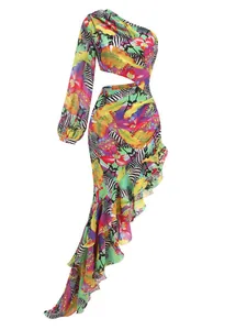 Detailed look at the vibrant floral and zebra print one-shoulder dress with ruffle hem