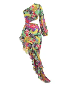 Detail view of one-shoulder asymmetric ruffle dress with a vibrant tropical zebra print.