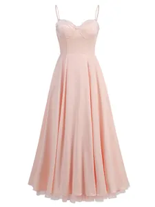 Elegant pink spaghetti strap midi dress with bustier bodice and flared pleated skirt.