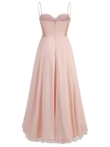 Detailed back view of a pink spaghetti strap evening dress with a corset-style bodice