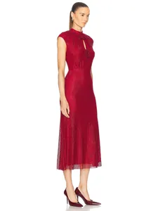 Elegant red sleeveless evening gown with rhinestone detailing and floral accents