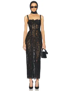 Detailed view of a sexy black floral lace midi dress with corset-style bodice.