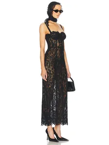 Elegant black lace midi dress with sexy hollow-out design for evening parties and gala