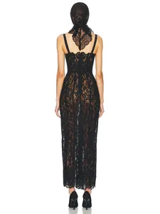 Elegant black lace mesh hollow-out sling midi dress shown from back view for evening party