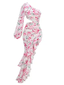 Elegant one-shoulder pink floral maxi dress with cascading ruffles and waist cut-out detail