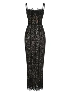Elegant black lace bodycon midi dress with delicate spaghetti straps and lace hem