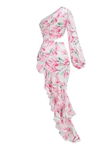 Detailed view of elegant one-shoulder floral print ruffle dress for parties