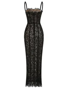 Detailed view of the intricate black floral lace and tan lining of this elegant midi dress