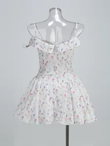 Back view of a floral off-shoulder mini dress with sweetheart neckline and flared skirt.