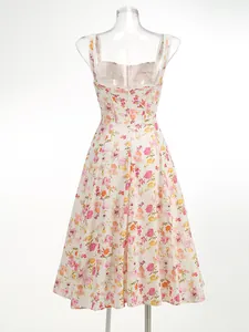 Detailed back view of an elegant floral sleeveless midi dress with a flared skirt design