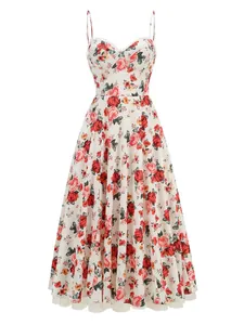 Elegant floral print spaghetti strap midi dress with large flared skirt for women