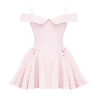 Elegant light pink off-the-shoulder cocktail dress with pleat details and slim straps.