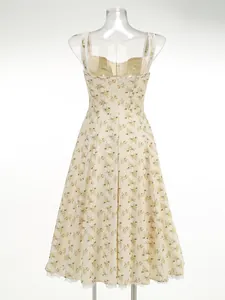 Detailed back view of a floral midi dress showing the hidden zipper and lace trim details