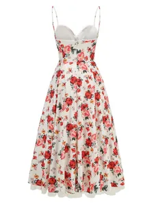 Detailed back view of an elegant white dress with red floral print and delicate straps