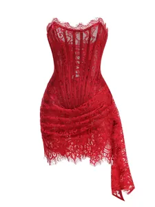 Detailed view of a red lace corset dress with strapless design and asymmetrical draped skirt