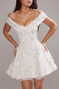 Elegant white floral print off-the-shoulder strap dress with a flared mini skirt.