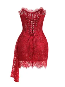 Detailed back view of a sexy red lace corset dress featuring a classic lace-up design