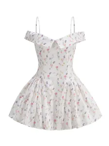 Close-up of white floral off-shoulder dress with spaghetti straps and flared skirt