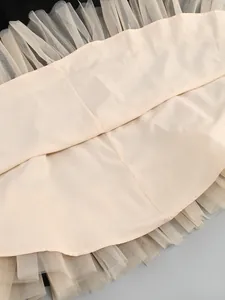 Detailed texture of the multi-layer beige tulle mesh and smooth lining of this evening dress