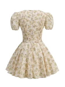 Detailed back view of a vintage style floral puff sleeve mini dress with flared skirt