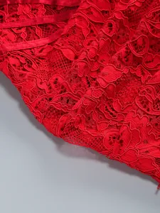 Close-up of intricate red lace fabric and satin corset detailing on an elegant dress