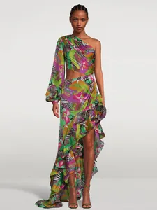 Vibrant tropical print one-shoulder evening dress with an asymmetrical ruffled hem