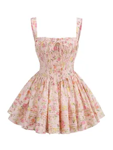 Front detail of a pink floral strap mini dress with lace trim and corset bodice