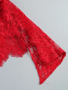 Detailed macro view of red floral lace fabric with delicate eyelash trim edge for dress