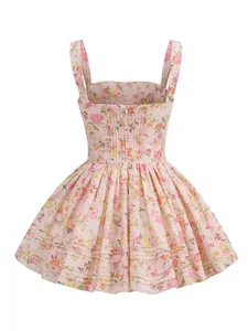 Detailed back view of a pink floral sundress with pleated details and puffy skirt