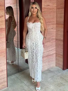 Elegant white floral lace hollow-out bodycon camisole evening midi party dress for women