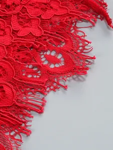 Macro view showing the delicate red eyelash lace trim on a high-end elegant party dress.