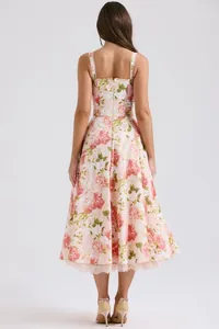 Elegant pink floral midi dress with straps and lace trim, detailed back view design.
