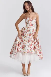 Elegant floral spaghetti strap midi dress with voluminous tulle skirt detail