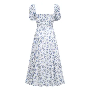 Back view of a French floral midi dress with square neck and puff sleeves detail.