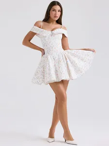 Charming white floral mini dress with off-the-shoulder straps and a flared skater skirt.