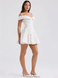 Elegant white off-shoulder floral print mini dress with puffy skirt for summer party