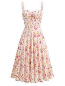Elegant floral print midi dress featuring lace spaghetti straps and a corset-style bodice
