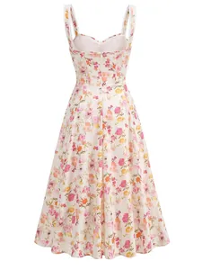 Back view of a elegant floral print strap midi dress with a flattering A-line silhouette