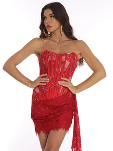 Elegant red lace corset strapless mini dress for evening parties and special events