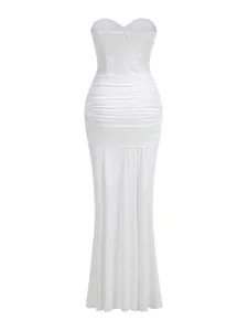 Detailed back view of an elegant white sequined strapless evening gown with ruched styling