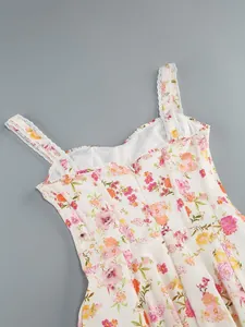 Macro view of white floral print midi dress featuring elegant lace trimmed straps