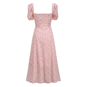 Back view of a pink French floral midi dress with puff sleeves and square neckline