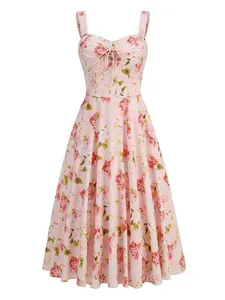 Elegant pink floral print midi dress with spaghetti straps and bust tie detail