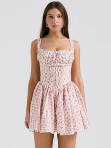 Sleeveless floral mini dress with corset style bodice and ruffled square neckline
