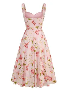 Back view of pink floral print midi dress showing delicate rose patterns and A-line cut