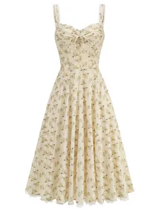 Elegant floral print midi dress with lace trim and tie front corset bodice.