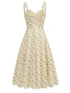 Back view of a yellow floral midi dress with delicate lace trim and heart-shaped neckline