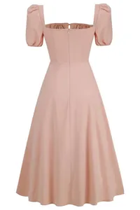 Elegant back view of pink French style midi dress with puff sleeves and zipper