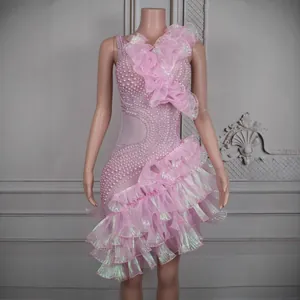 Damen Rosa Glänzend Künstliche Perle Rüschen Kleid Bühne Aufführung Fotografie Bodycon Elasthan V-Ausschnitt Ärmellos Mini Kleid
