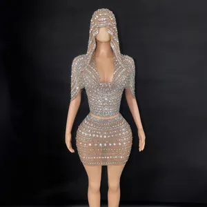 Vrouwen Sexy Strass Top met Capuchon En Minirok Top And Bottom Voor Verjaardagsfeest Podiumprestaties Sprankelende Clubwear